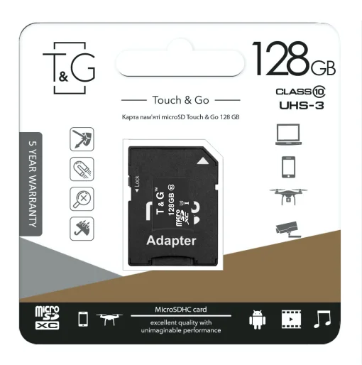 Карта памяти MicroSDXC 128GB UHS-I U3 Class 10 T&G + SD-adapter (TG-128GBSD10U3-01)